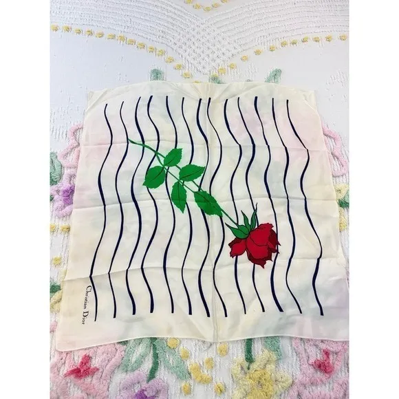 Christian Dior Vintage Silk Scarf Red Rose Navy Wavy Stripe Cream Made in France - Image 6