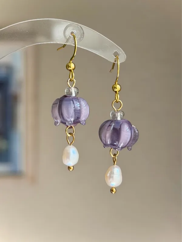 Lilly of the valley mini purple flower fairy cottage dainty dangle earrings 💜 - Image 3