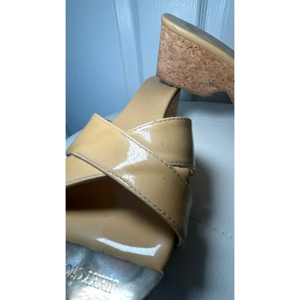 Jimmy Choo Wedge Sandals Slide 7 Tan Patent Leather Cork Heel‎ Logo Toe Plate - Image 3