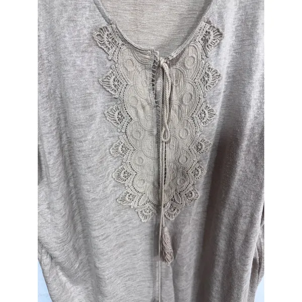 Bobeau‎ XL Tan Crochet Lace V-Neck Top Women's Boho Tassel Short Sleeve - Image 4