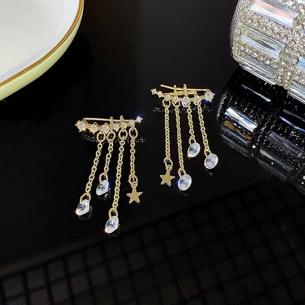 Women's Crystal Star Tassel Chain Dangle Drop Earrings Gold - Image 2