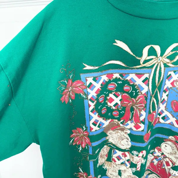 Vintage 90’s Christmas Teddy Bears Green Holiday Sweater w/ Glitter MD - AS IS - Image 6