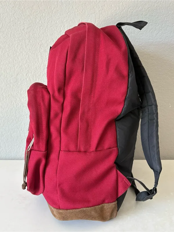 Jansport Right Pack Red Backpack Brown Suede Leather Bottom Schoolbag 17"x12" - Image 2