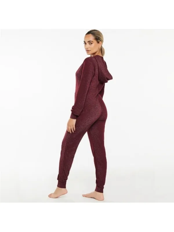 Savage X Fenty Sleep & Shine Hooded Jumpsuit Size Medium Burgundy Glitter‎ - Image 2