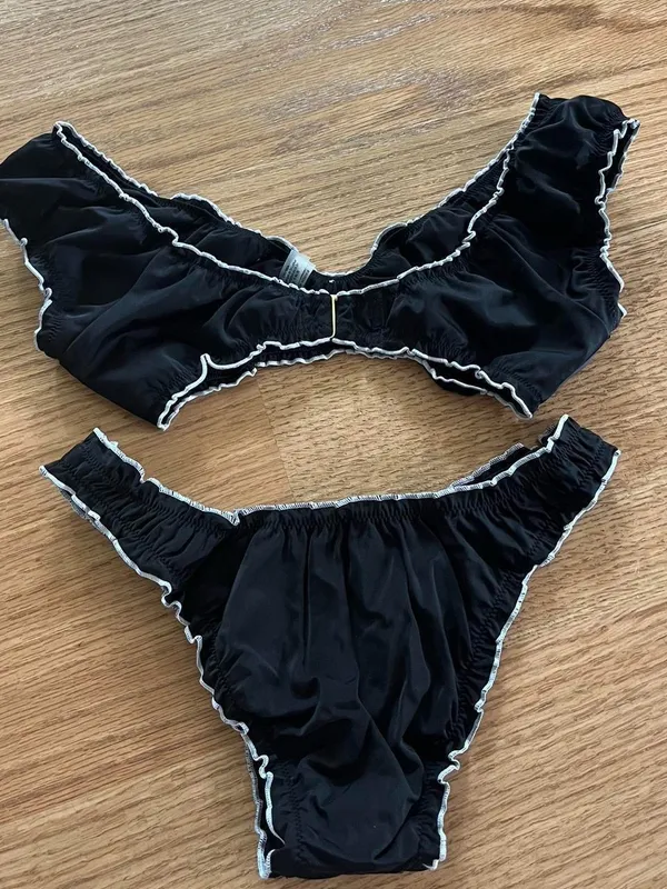 Frankie's Bikinis Black Ruffle Trim Bikini Set with White Contrast - Image 2
