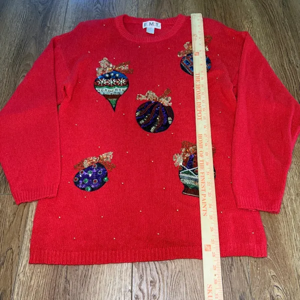 90s EMT Red Silk Angora Wool Beaded Christmas Ornament Sweater Womens M sequins - Image 10