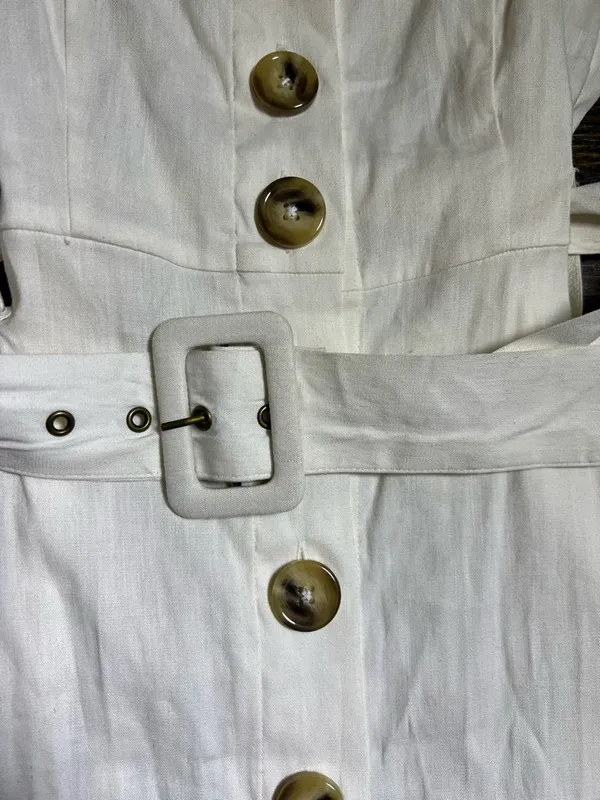 Forever 21 White Linen Blend Button Front Belted Midi Dress Small - Image 4