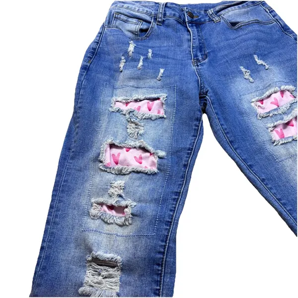 Distressed Heart Patch Jeans Cute Y2K Aesthetic Denim Ripped Straight Leg Pant M - Image 4
