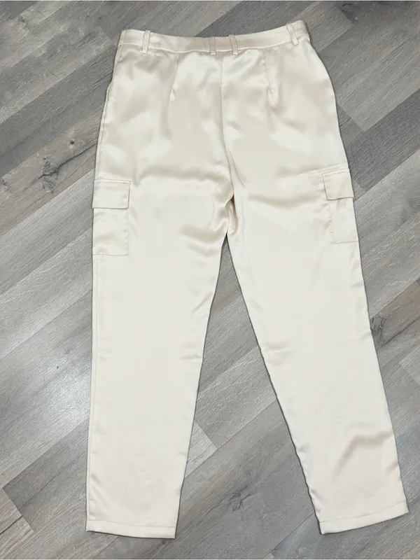 Bailey 44 Satin Cargo Pants Trousers Cream Medium High Waist Ankle Tapered - Image 7