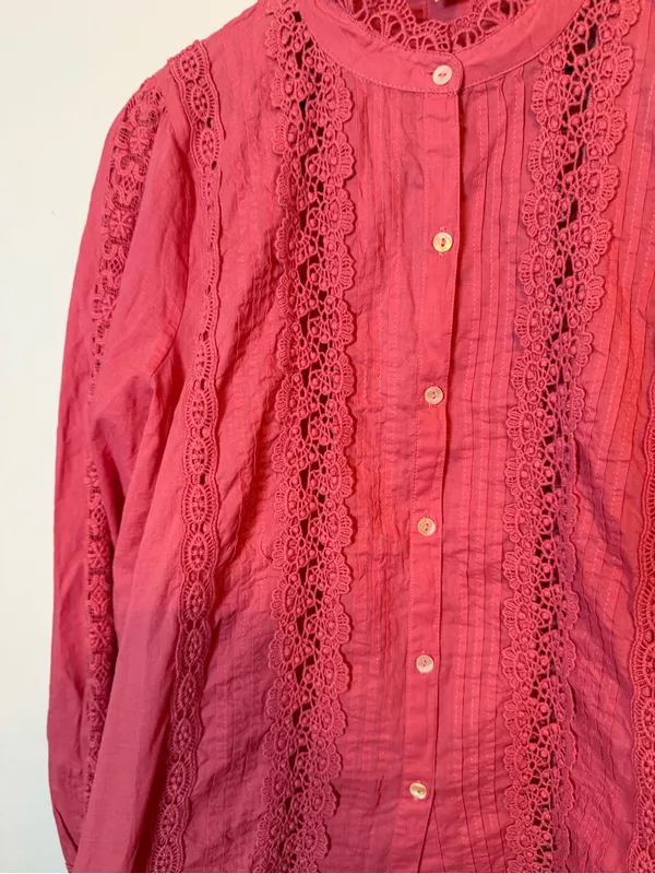 Jennifer & Grace Fuchsia High Neck Eyelet Crochet Lace Pintuck‎ Blouse - Image 3