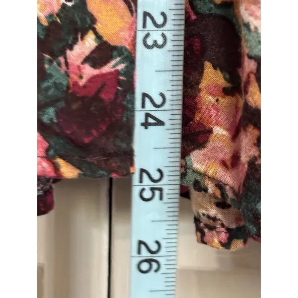 Maurices Burgundy/Green Floral Long‎ Sleeve Smocked V Neck Ruffle Blouse Size M - Image 4