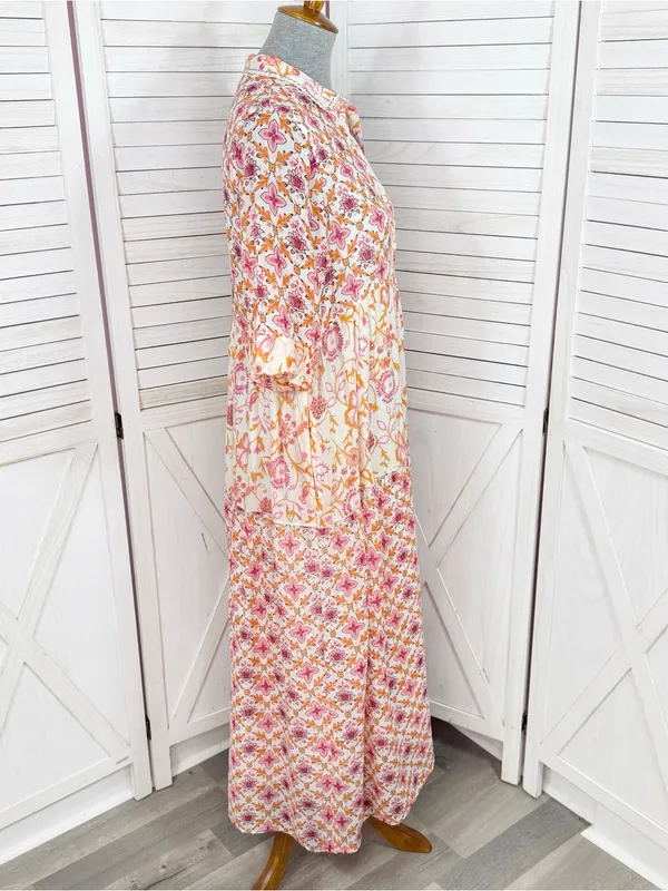 Dolma Kelly Floral Boho Tiered Midi Dress Pink Orange Large Cotton Mosaic - Image 4