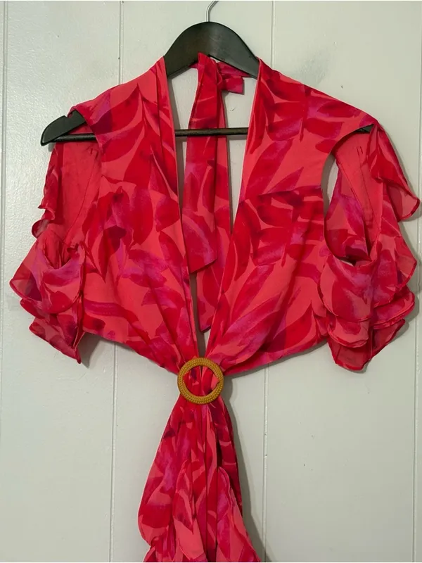 VICI Carlita Ruffle Cutout Maxi Dress Red Pink Tropical Size Medium M - Image 4