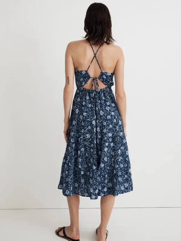 Madewell Cross-Back Halter Midi Dress in Vineyard Medallion Navy Blue - Image 2