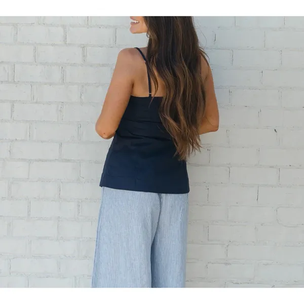 Olivaceous Ina Button‎ Top Navy Linen Cotton Blend Adjustable Strap Camisole C129-M Medium - Image 3