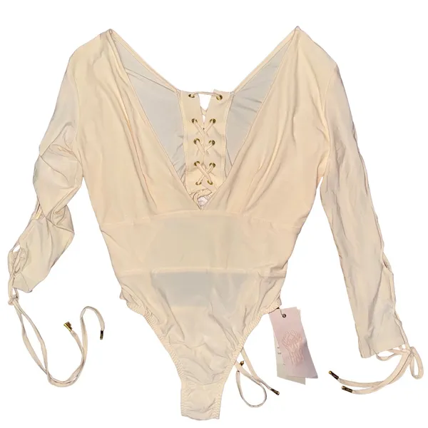 We‎ are HAH Free People Cream Lace Up Naughty Noosha Bodysuit Balletcore Dancer - Image 2