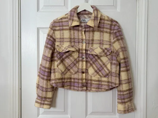 Zara Cream Purple Plaid Cropped Shacket Jacket Size S Fuzzy Cozy Fall Layer Preppy - Image 2