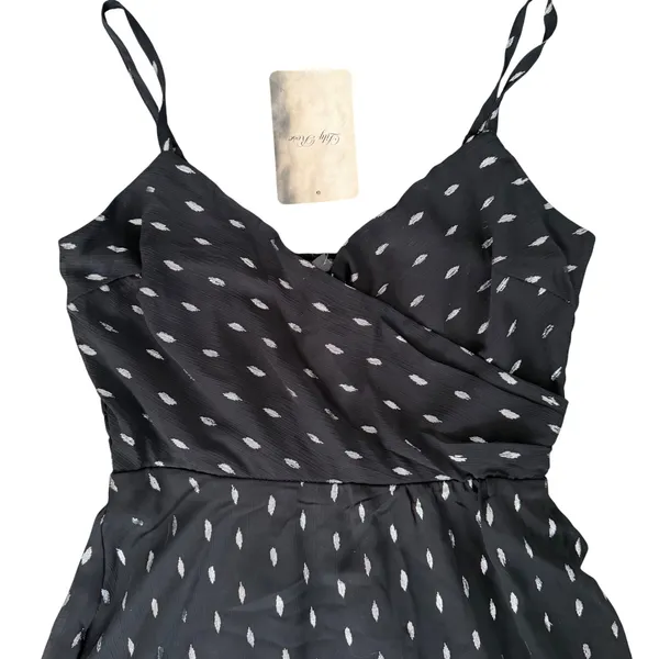 Lily Rose Black Silver‎ Metallic Leaf Print Smocked Bodice Mini Dress Women's M - Image 3