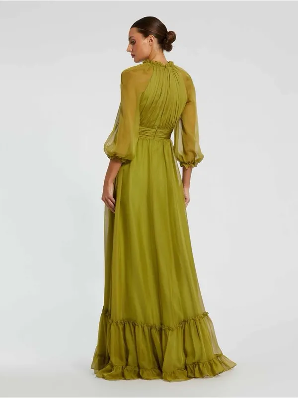 Mac Duggal Size 20 Olive Green Plus Size Chiffon Ruffle High Neck Maxi Gown - Image 3