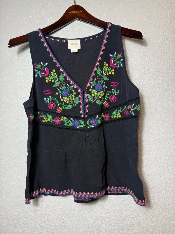 Anthropologie Maeve Carlotta Embroidered Sleeveless Blouse Black‎ Floral Size S - Image 3