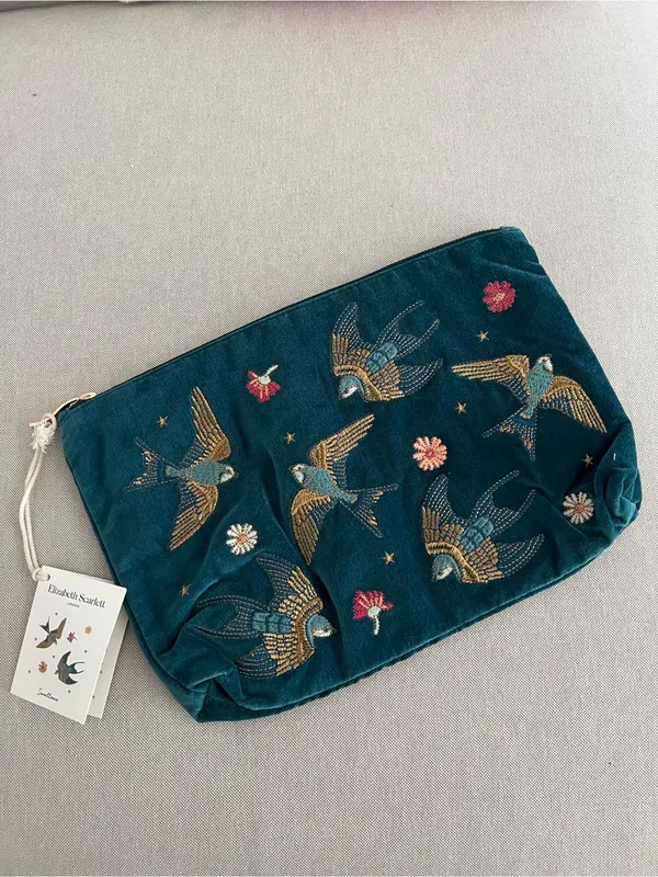 Elizabeth Scarlett Swallows Bird Rich Blue Velvet Embroidered Everyday Pouch New - Image 3