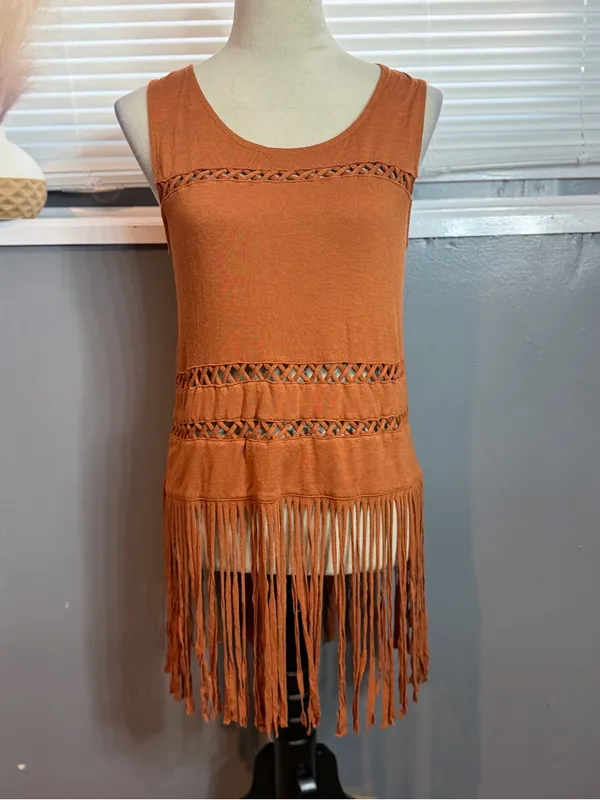 Rock & Republic Rust Fringe Tank Top Boho Festival Western Sleeveless Size L - Image 4