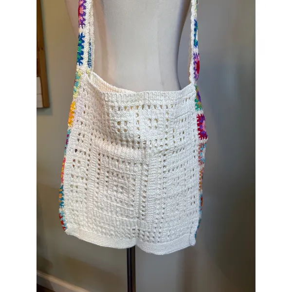 Boho Crochet Granny Square Hobo Shoulder Bag Cream Multi Retro y2k whimsi dainty - Image 6