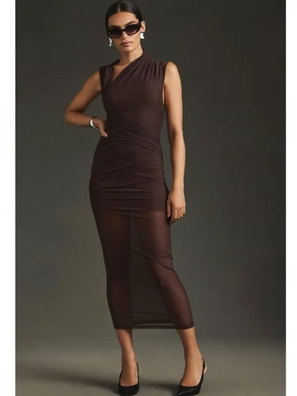 MISHA COLLECTION Tillie Asymmetric Mesh Midi Dress Umber Brown - Image 3