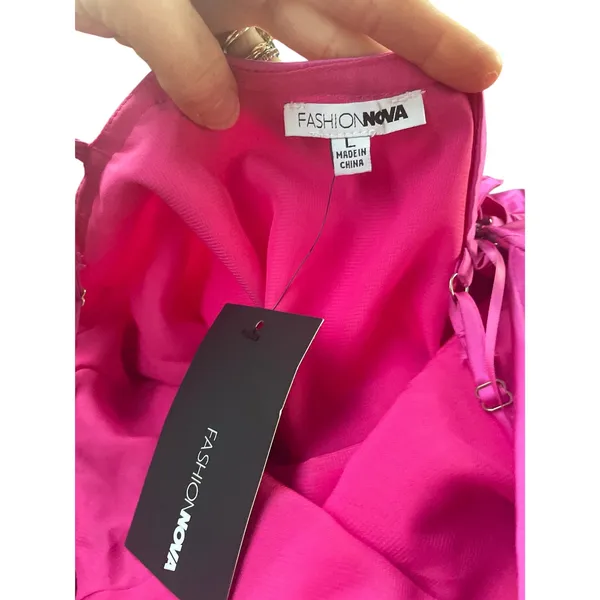 FashionNova Hot Pink Cowl Neck Mini Dress sz Large NWT Barbie Perfect Life Satin - Image 4
