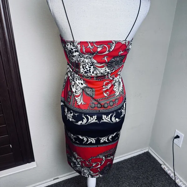 SheIn Baroque Red Black Sleeveless Dress Size S Knee Length Bodycon Stretchy - Image 4