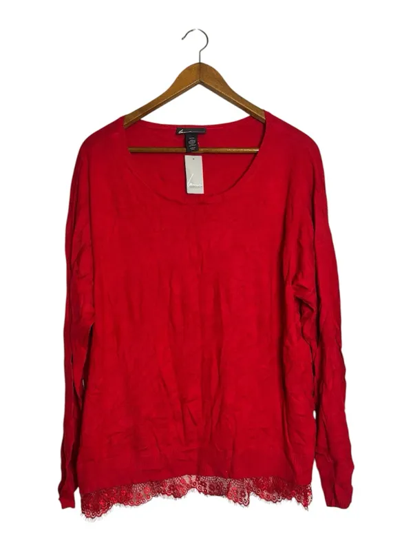 Lane Bryant NWT Cherry Lipstick Red Scoopneck Lace Hem Trim Long Sleeve Top - Image 2