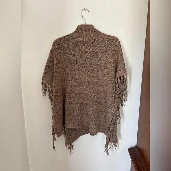 Steve Madden Knit Fringe Poncho Wrap Turtleneck Pockets One Size - Image 7