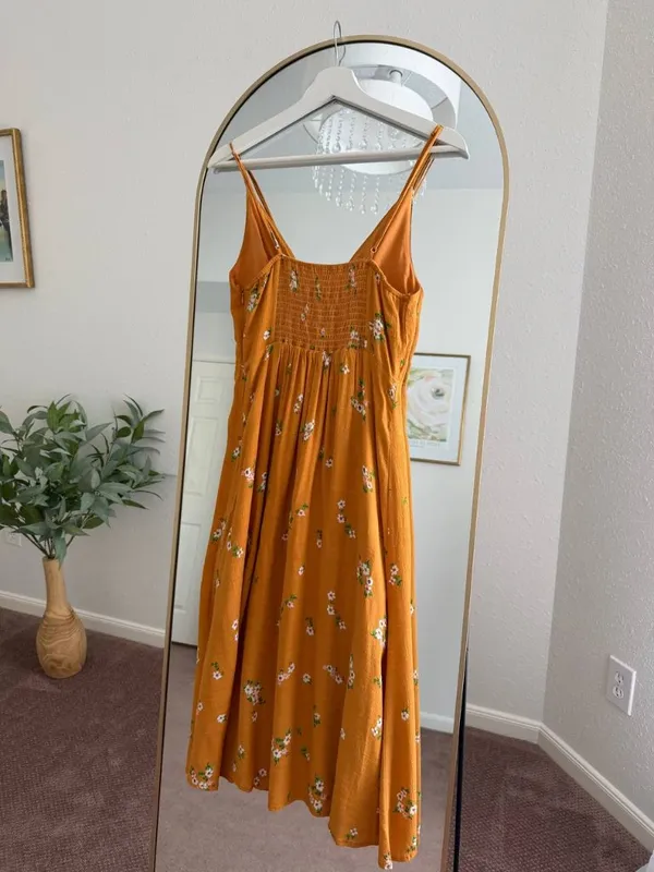 ASTR The Label Mustard Floral Ruched Midi Slip Dress Size S Tie Front Summer - Image 3
