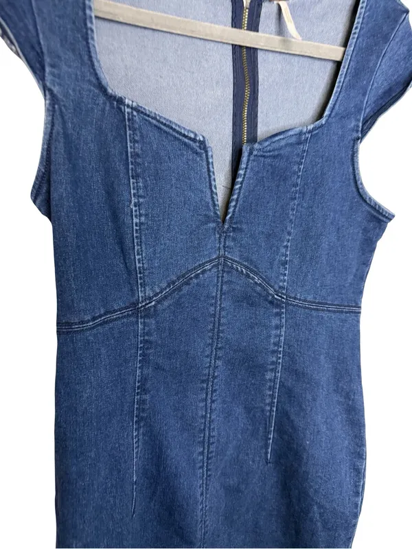 👗 Free People Denim Bodycon Mini Dress XS‎ Sweetheart Neck Zip Back 👗 - Image 4