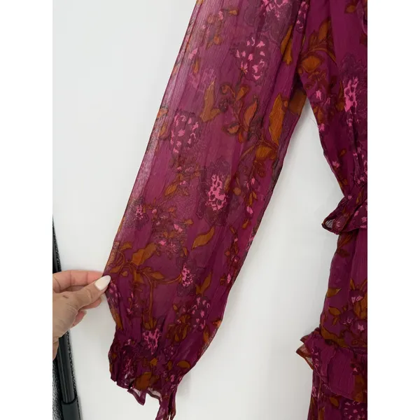 Cleobella Everly Floral Ruffle Mini Dress Medium Magenta Boho Long Sleeves - Image 6