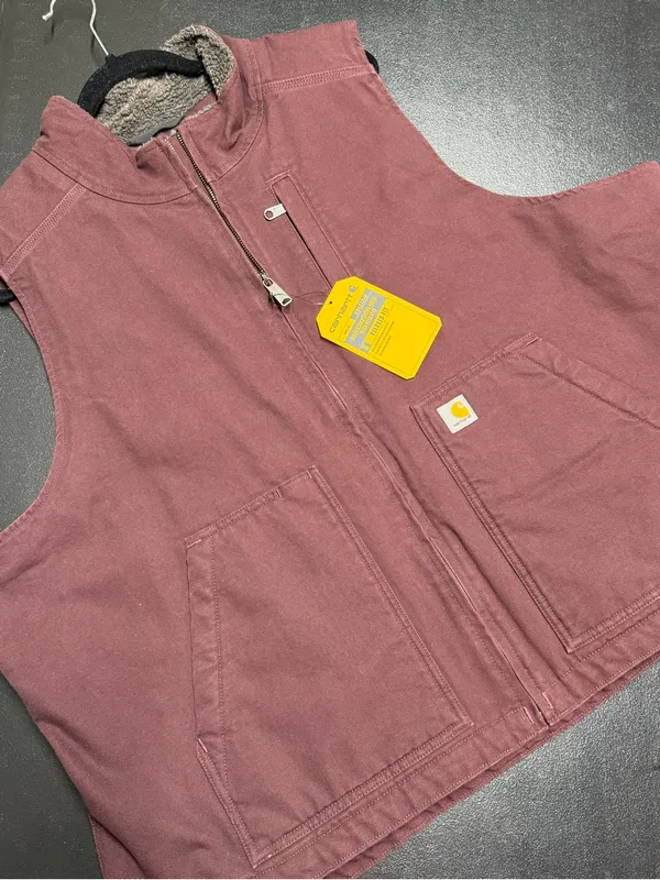 Carhartt Washed Duck Mock Neck Vest Plum Blackberry Purple Sherpa Lined Zip Up - Image 5