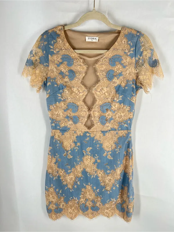 Storia Blue & Beige Floral Lace Illusion Mini Dress Size M - Image 2