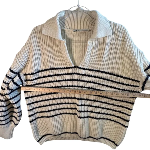 Zara Knit Rugby Sweater Womens Medium Cream Black Striped Collared Cotton Preppy - Image 6