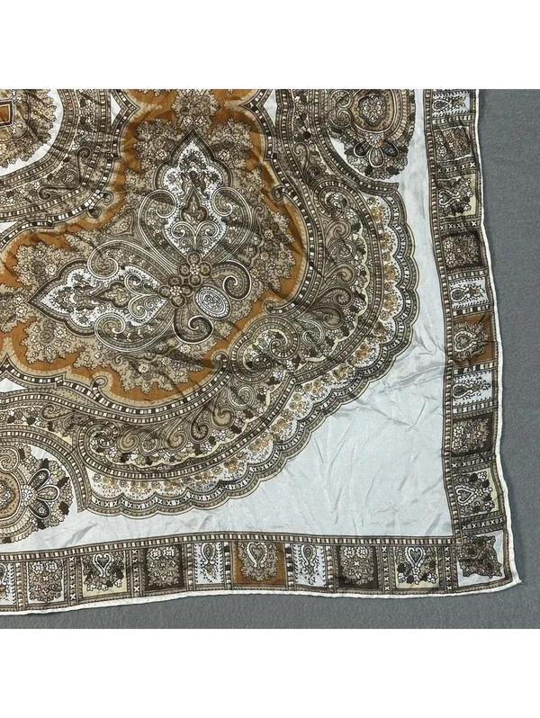 Vintage Square Mandala Pattern Silky Scarf in Cream and Brown Boho Medallion - Image 5