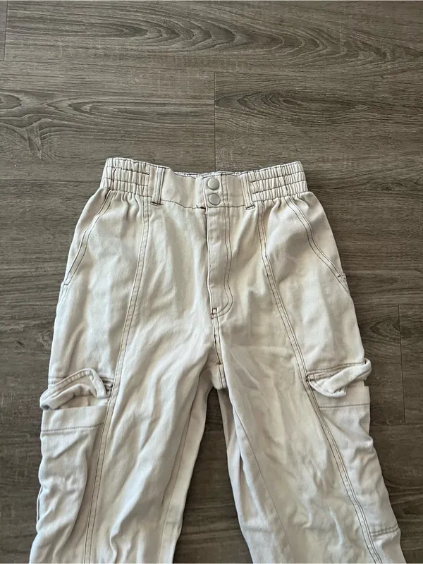 RSQ Wide Leg Baggy Pants Womens Medium Ecru Cargo Elastic Waist Cotton Utility - Image 5