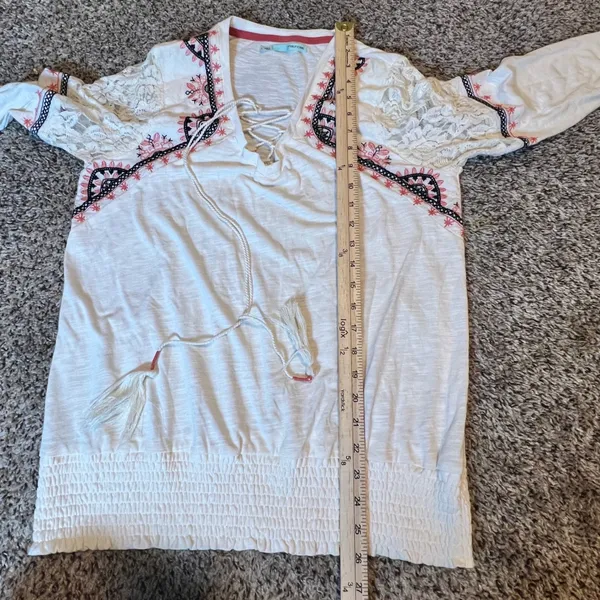 Maurices Womens Boho Embroidered Lace Up Smocked Hem Top White Large Long Sleeve - Image 5