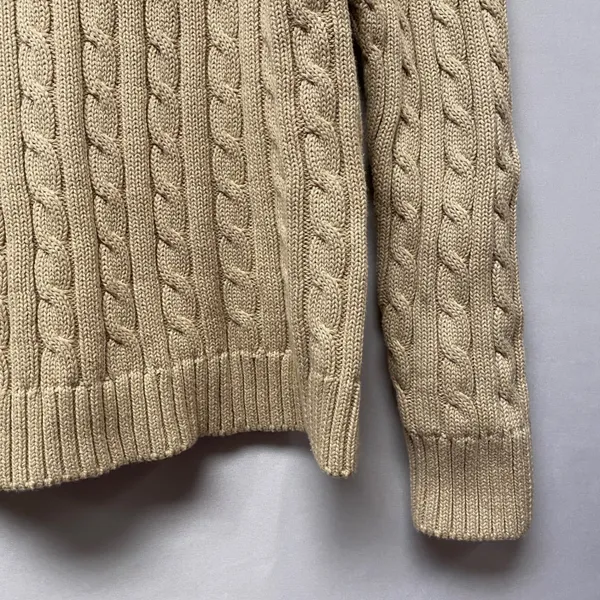L.L. Bean Tan Cable Knit Sweater Crew Neck Long Sleeve Pullover Size L Fisherman - Image 5
