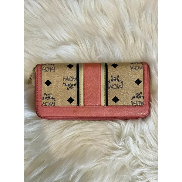 MCM Visetos Studded Continental Wallet Authentic Pink & Ivory Leather 8"x4" EUC - Image 2