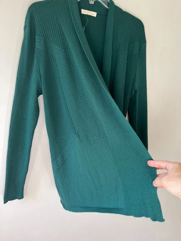 Dress Barn Retrology Sz M Green‎ Stretch Open Cardigan Sweater Long Sleeves - Image 2