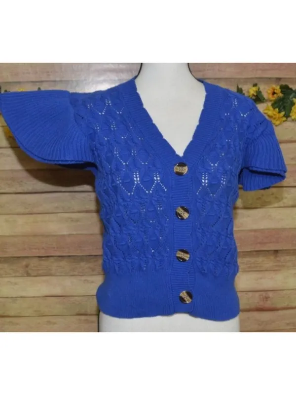 ANOTHER LOVE Size L Pointelle MIRA Flutter Sleeve Cardigan Sweater Cobalt Blue - Image 6