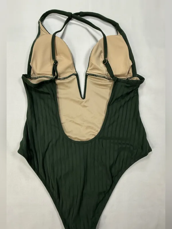 Shade & Shore Dark Green Ribbed One-Piece Swimsuit - Image 8