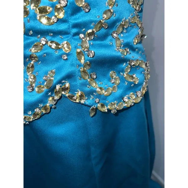 Sherri Hill Strapless Mermaid Style Prom Dress Gown Size 4 Gold Beaded Turquoise - Image 4