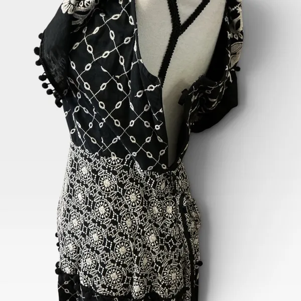 Anthropologie Black Embroidered Cotton Midi Dress Smocked Waist Pom Pom Trim 12 - Image 10