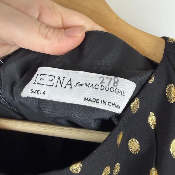 NWT‎ IEENA Mac Duggal Black Gold Metallic Polka Dot Ruffle Dress Size 4 Classic - Image 7