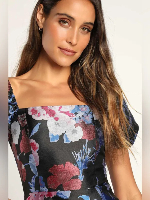 Lulus So Stunning Black Multi Floral Jacquard Puff Sleeve Mini Dress Size XS - Image 3